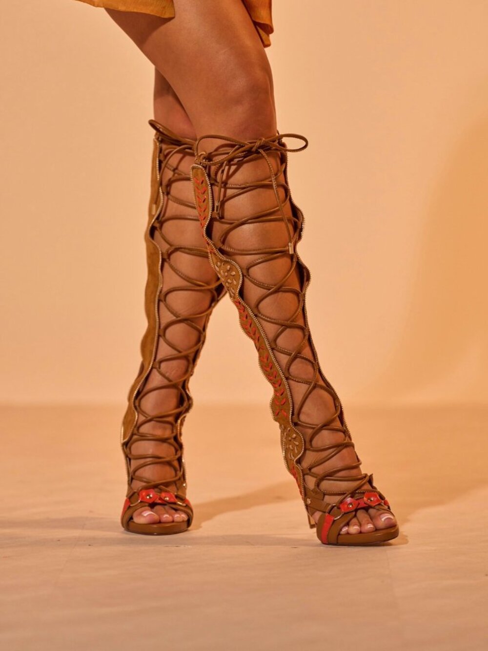 AKIRA Tan Lace-Up Knee-High Gladiator Sandals with Coral Accents - Picture 6 of 7